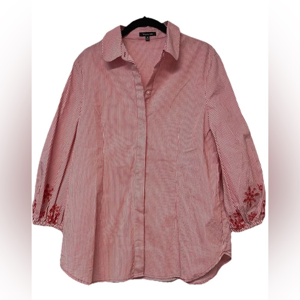 NWOT Vision 155 Button Down with sleeve detail Red/Coral white Size 10